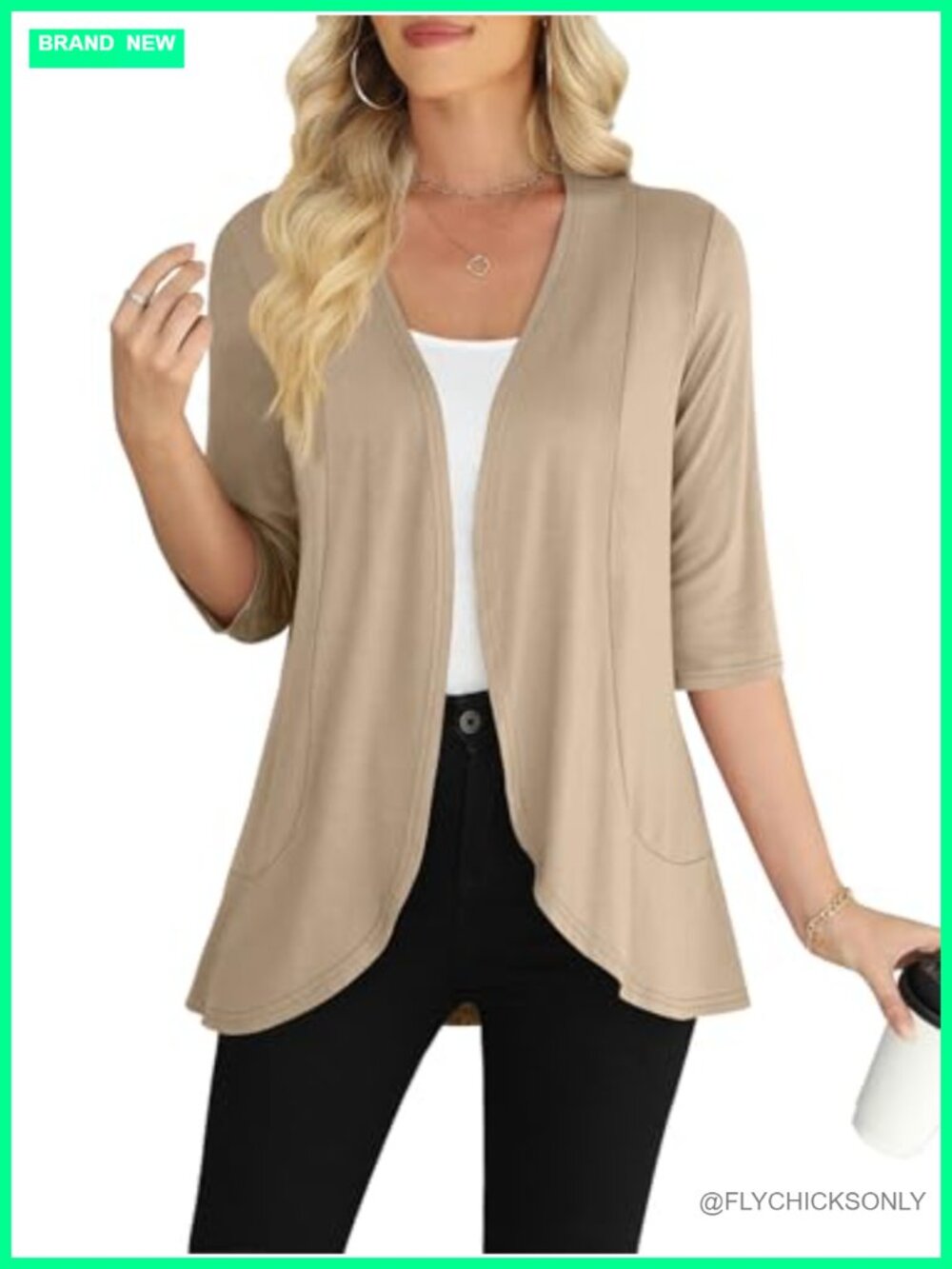Lightweight Cardigan 3/4 Sleeve Open Front Asymmetrical